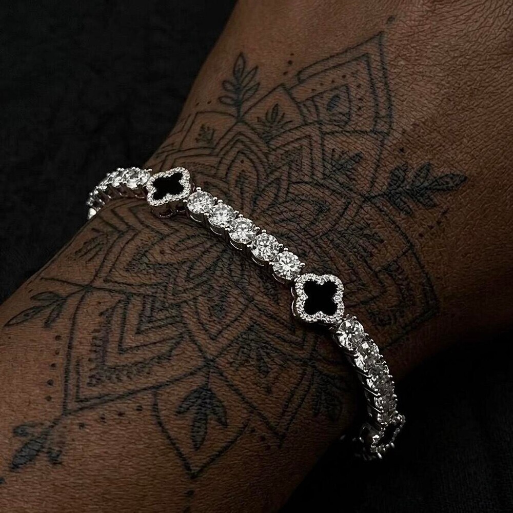 Black And Silver Cz clover Bracelet 8inch